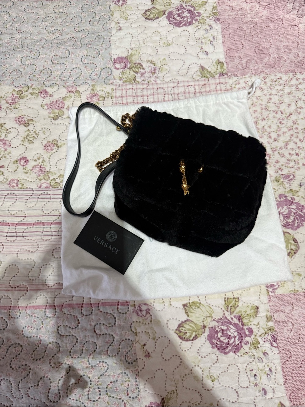 Versace Black Faux Fur Quilted Crossbody with Gold Chain Strap